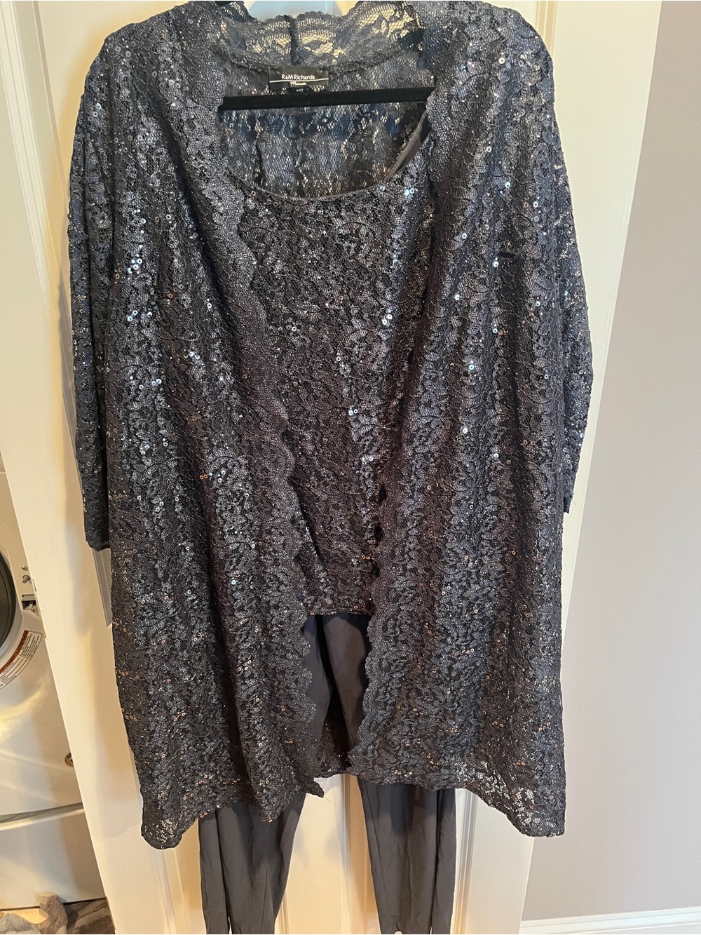 R&M Richards Gray Sequined Lace Tank Top Jacket Pant Set Sz16